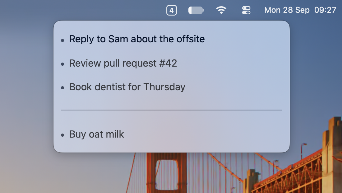 Hem's list open under its menu bar badge, showing four tasks and a divider